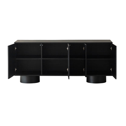 Black sideboard with open doors on a white background