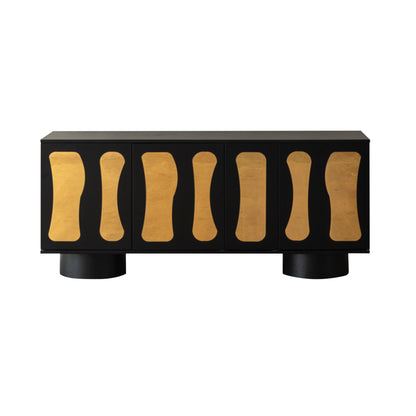 Black console table with gold accents 