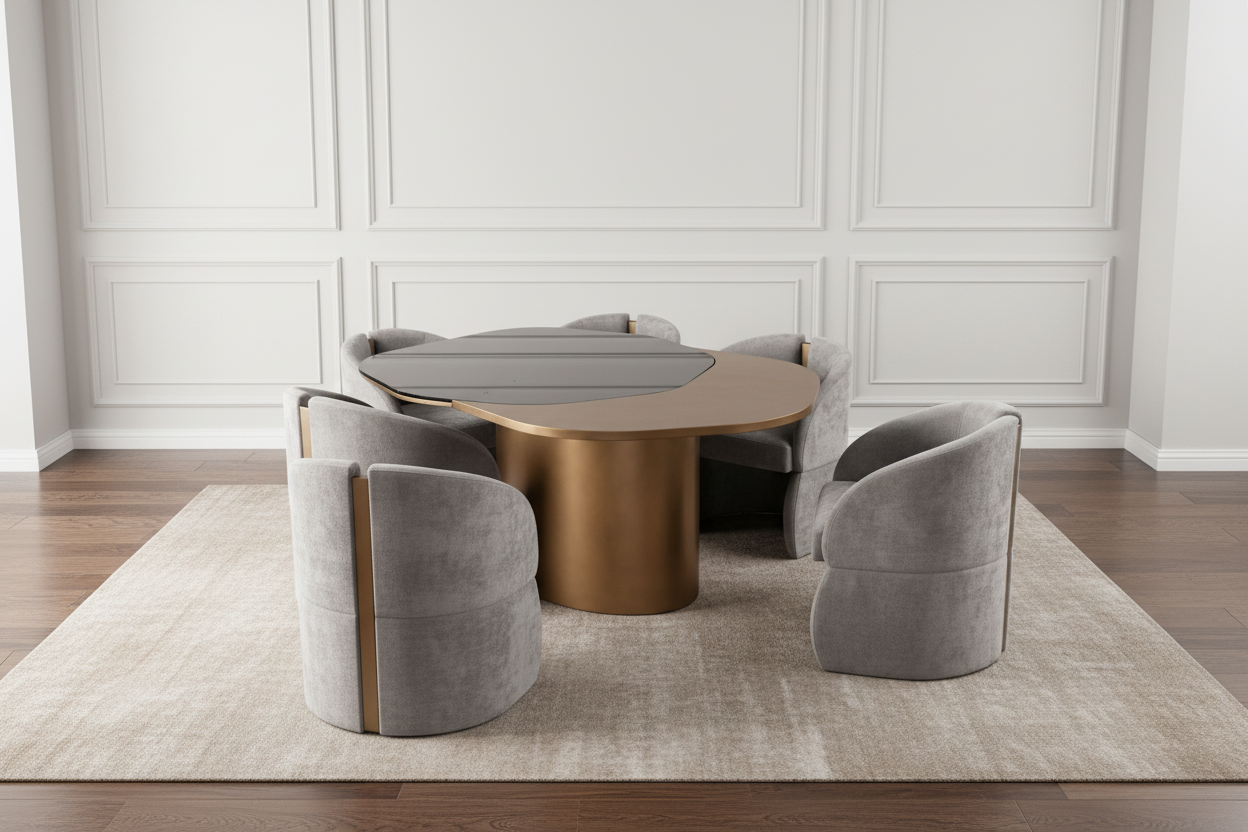 Modern 66" long Irregular Shape Kaylee Dining Table Set with 6 Gray Chairs