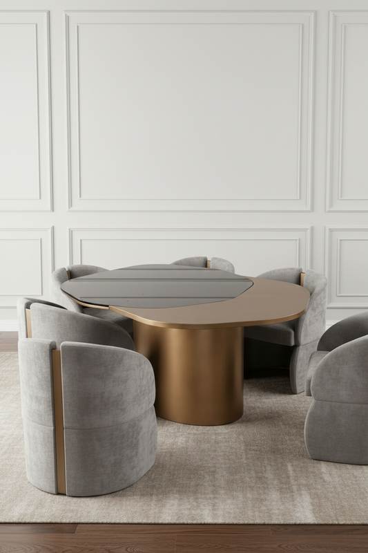 Modern 66" long Irregular Shape Kaylee Dining Table Set with 6 Gray Chairs