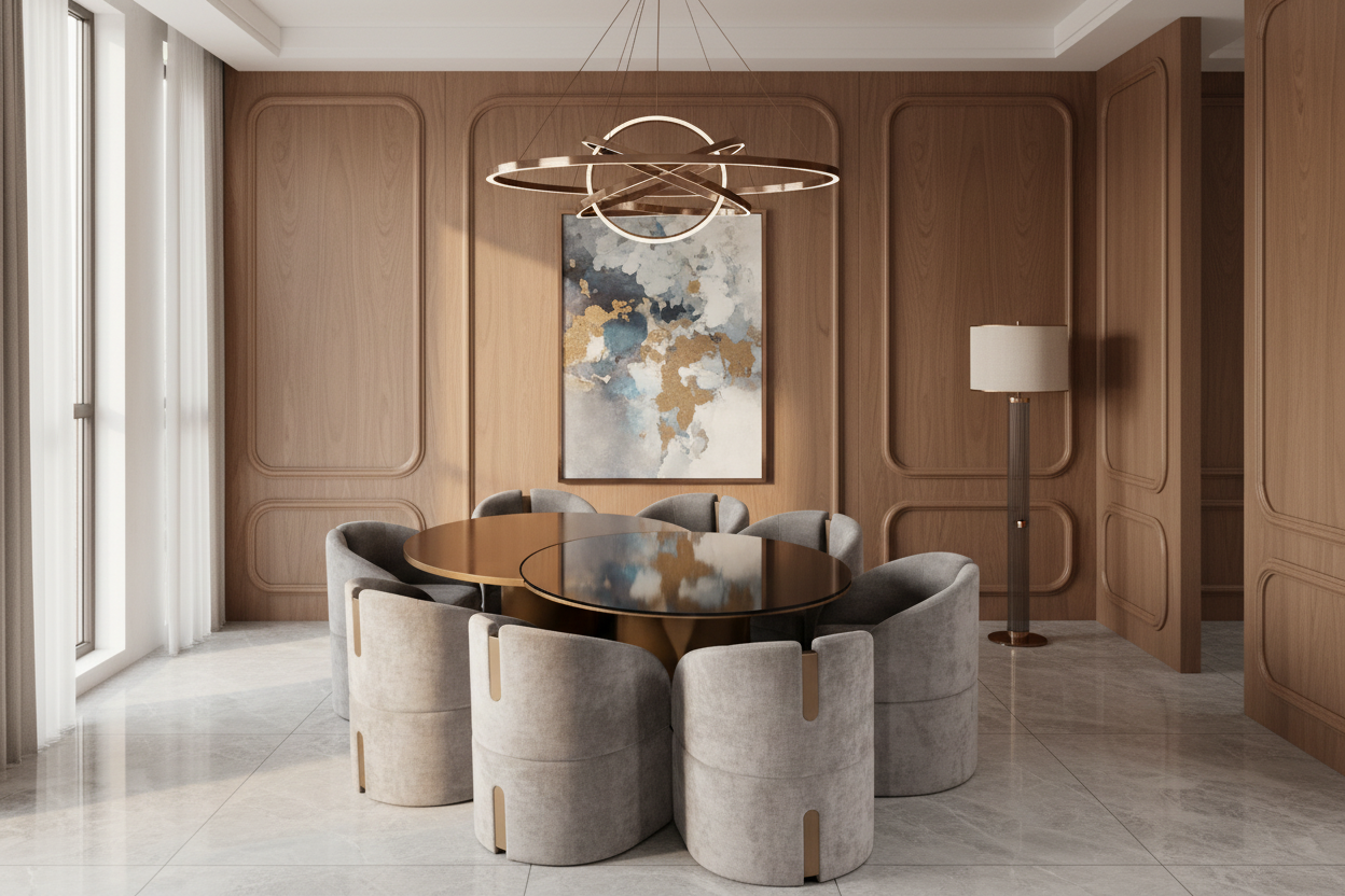 modern dining table with gray armchairs