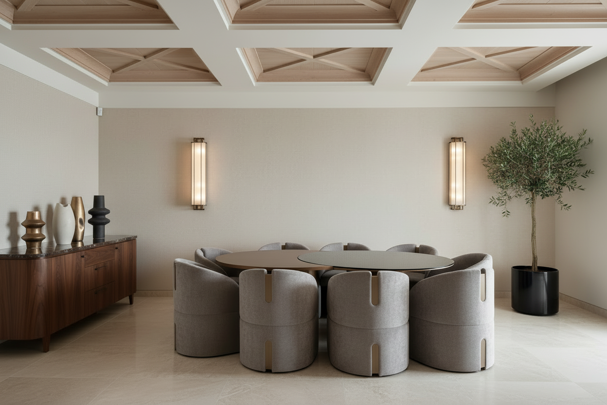 brass contemporary dining table with brass and gray dining chairs