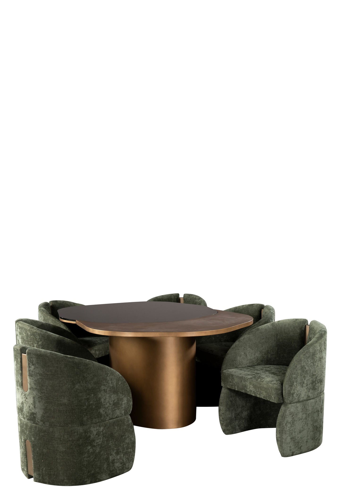 Modern furniture set with a bronze table and green armchairs 
