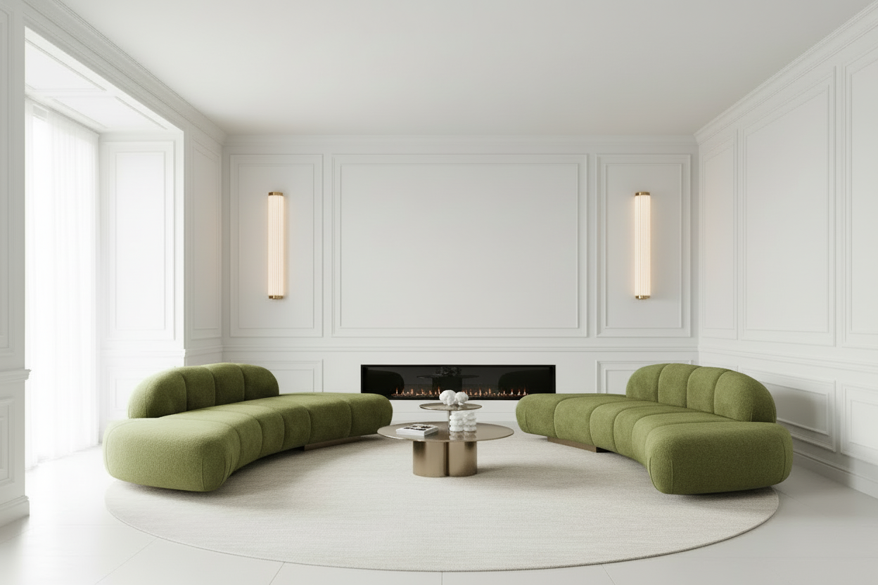 Modern living room with green curved sofa 