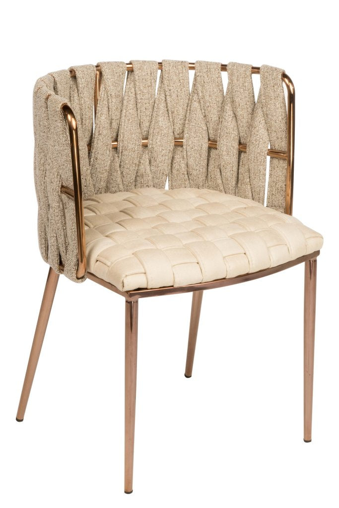 woven white chair with gold legs