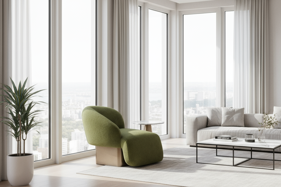 Modern living room with a green armchair