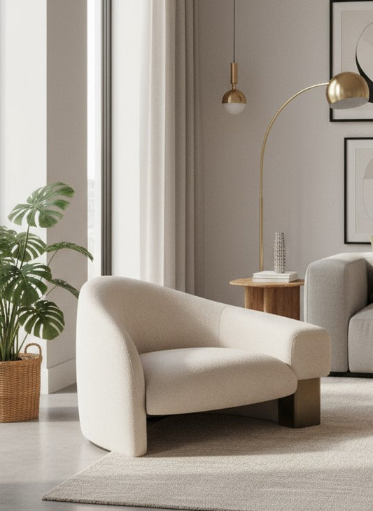 Lucques Left Arm Modern Taupe Bouclé Accent Chair with Curved Silhouette and Brushed Brass Base-Left Arm