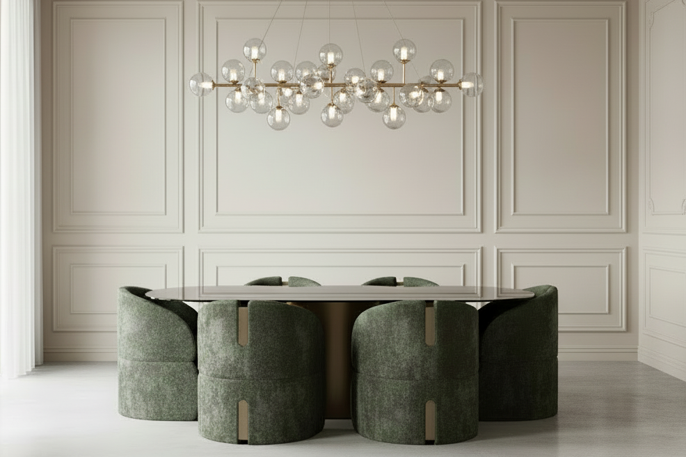 glass top dining table set with green armchairs