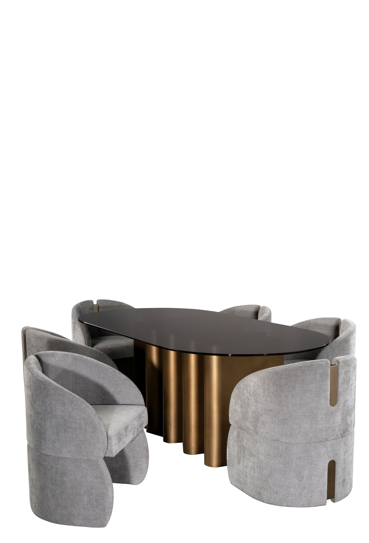 contemporary dining room set with oval table and gray chairs