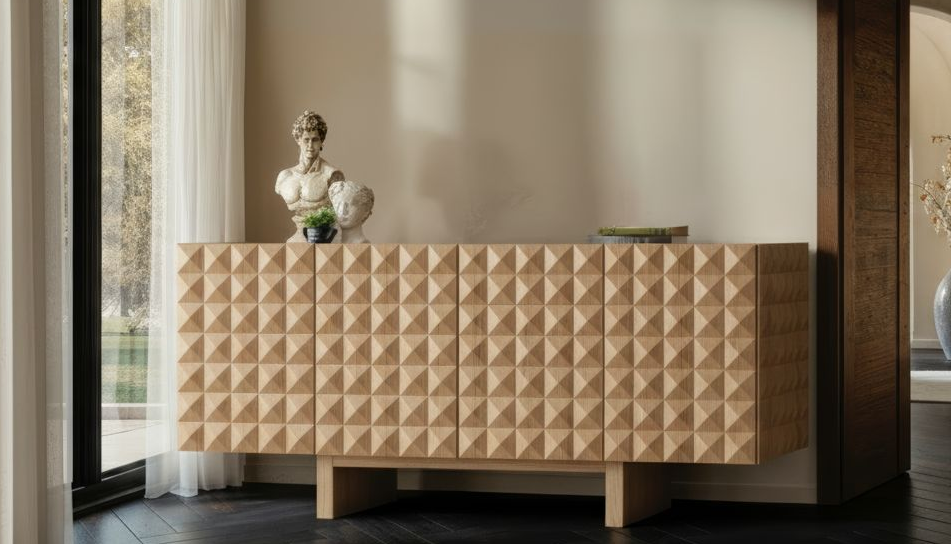 wood sideboard with geometric pattern