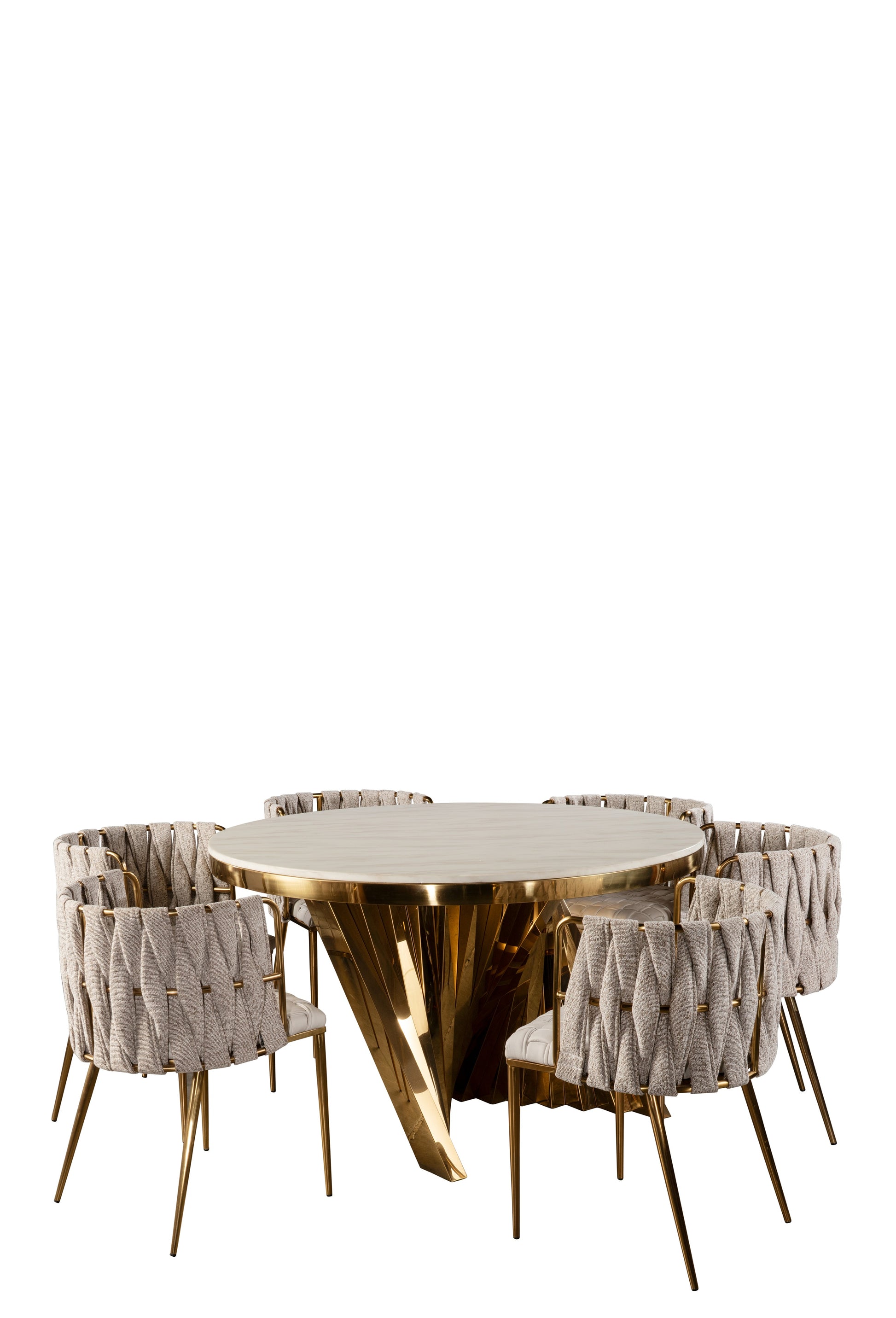 Dining table with gold base and six matching chairs on a white background