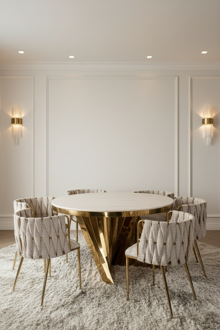 Dining room with a gold round table and chairs in a modern interior setting.