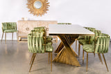 white marble top, gold architectural dining table for 8 with green wave design upholstered chairs