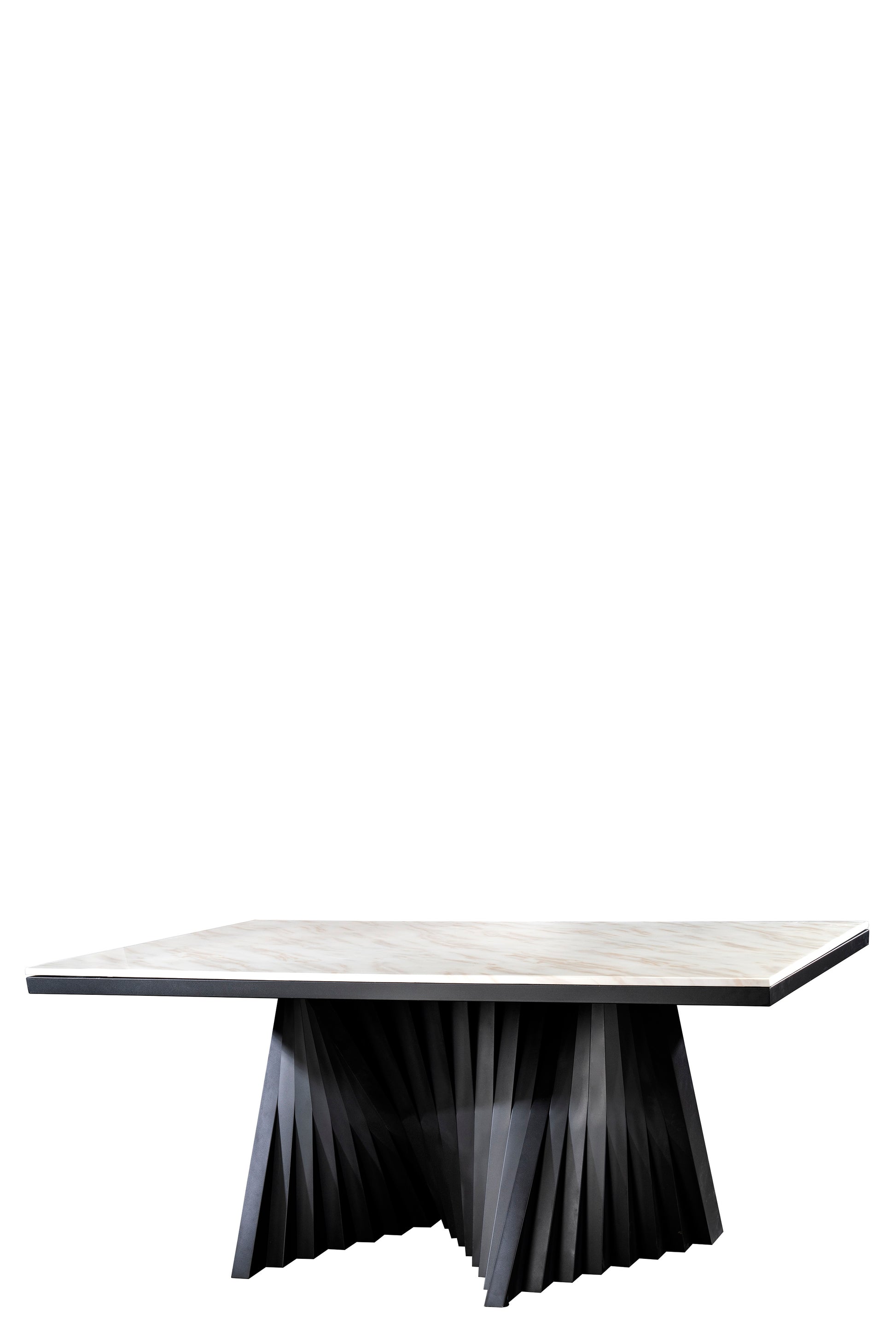 white marble top, black architectural rectangular dining table for 8 