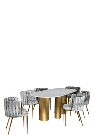 J104SING-1538DCGRYG-S6-Balmain Stone Top Oval Dining Table for 6 with Gray and Gold Chairs