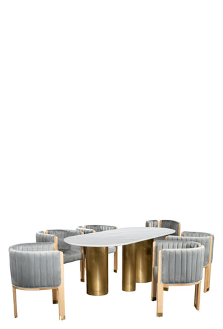 Balmain White Stone Top Oval Dining Table Set for 6 with Gray Chairs