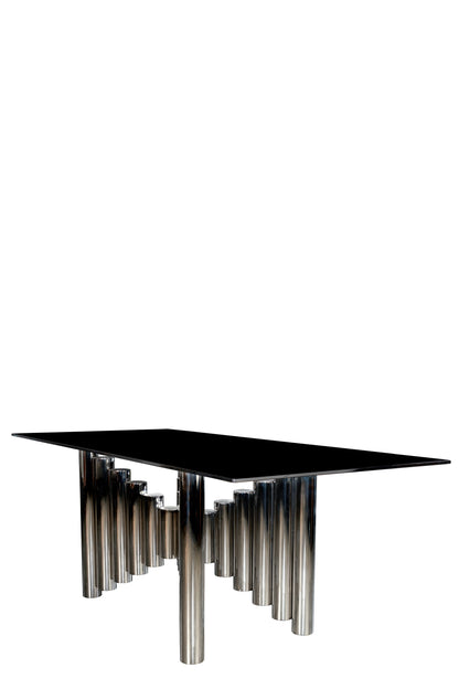 glass top silver dining table