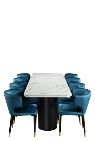 Balmain 92" Marble Top Dining Set with Blue Chairs