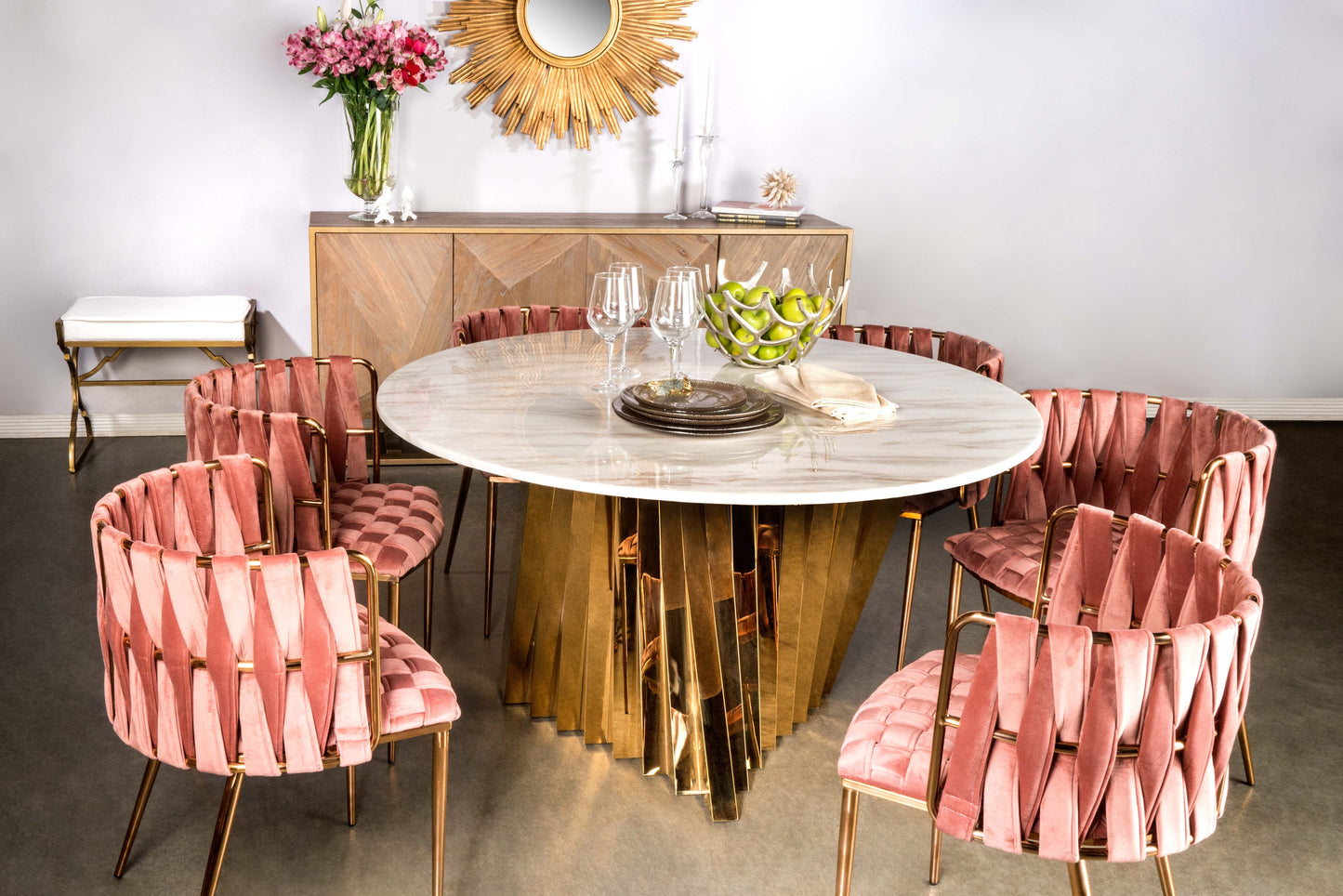 pink and gold dining room